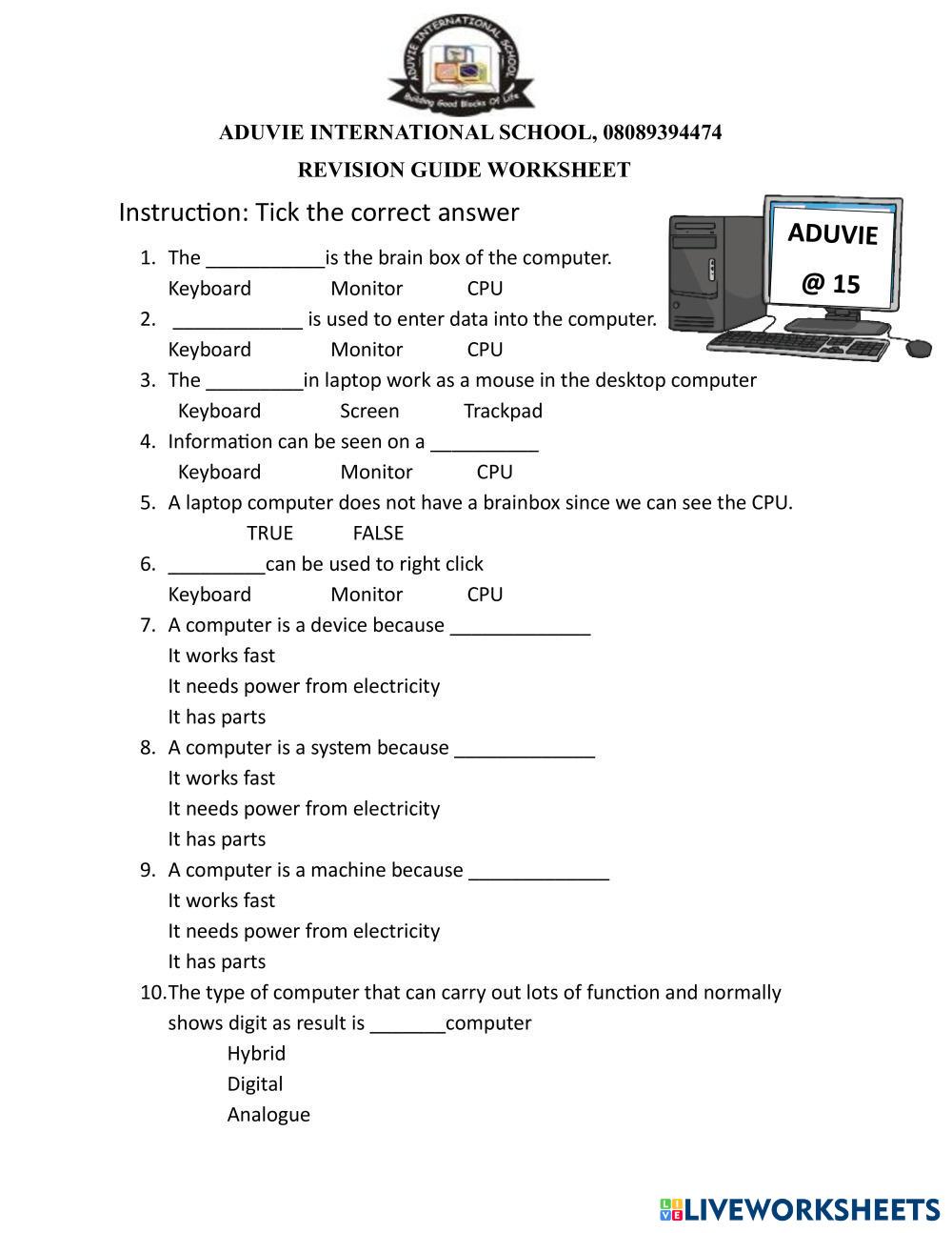 COMPUTER REVISION | Live Worksheets