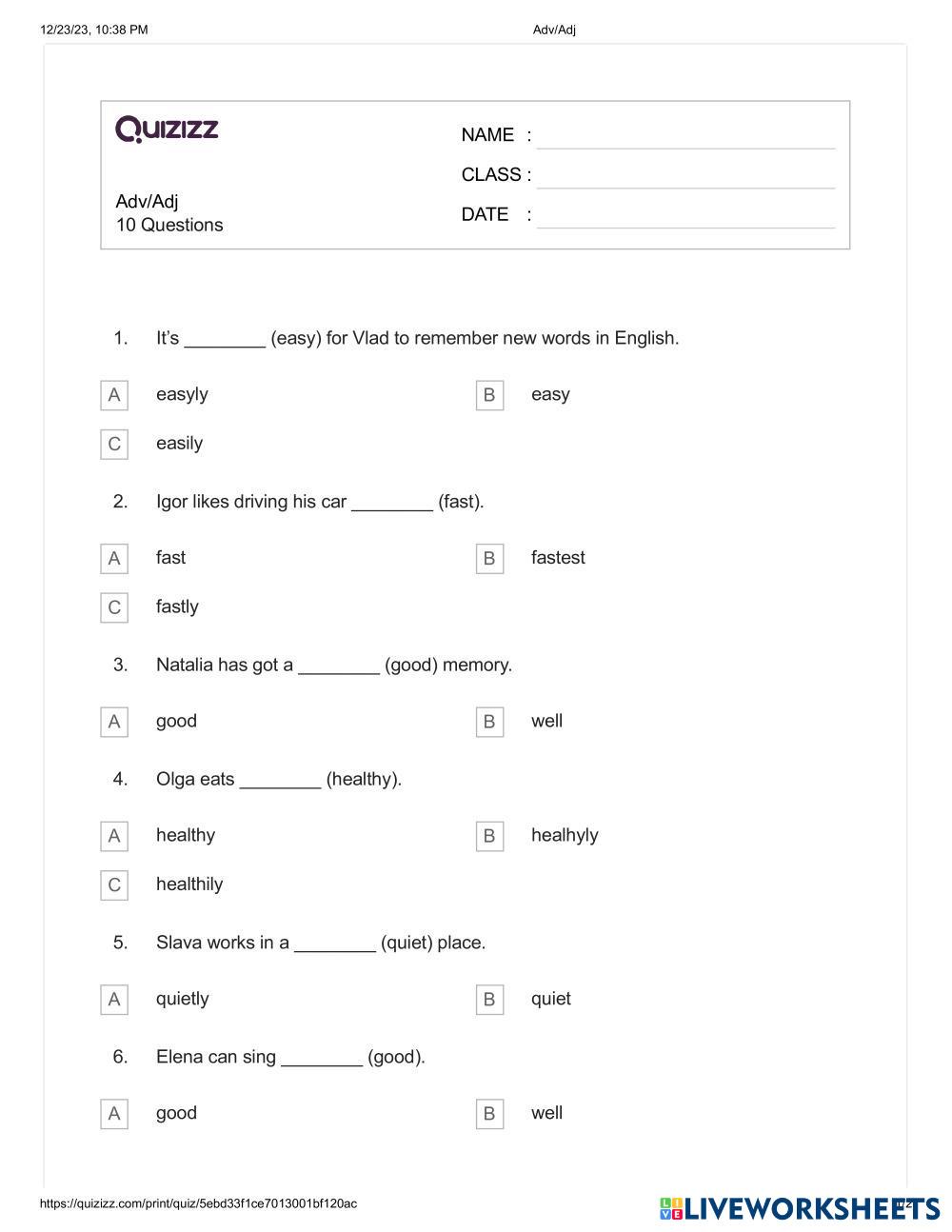 G6 Adj Adv | Live Worksheets