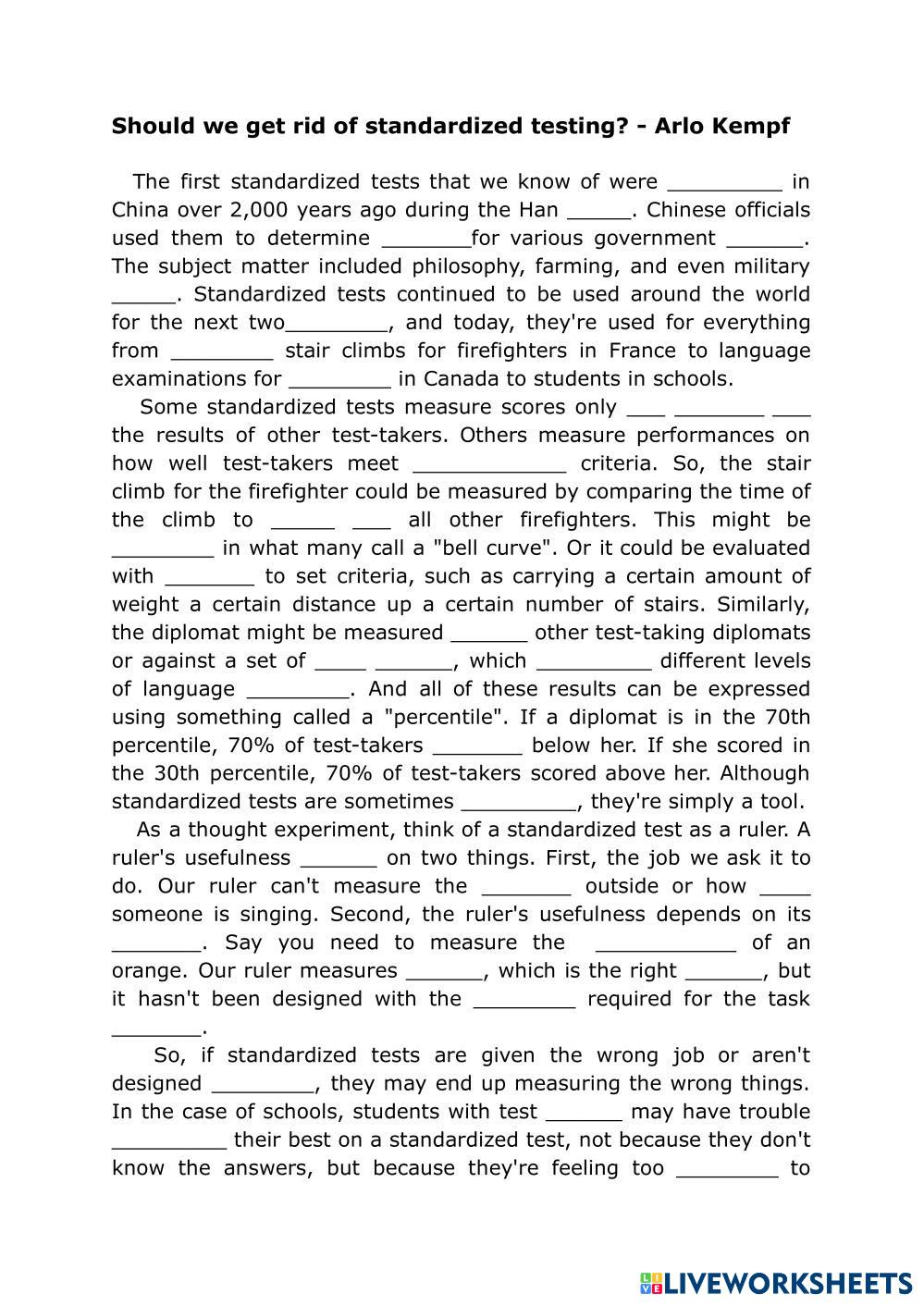 Should we get rid of standardized testing? - Arlo Kempf | Live Worksheets