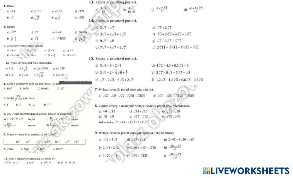 Potęgi I Pierwiastki Klasa 7 Sprawdzian Pierwiastki klasa 7 | LiveWorksheets | 7468637