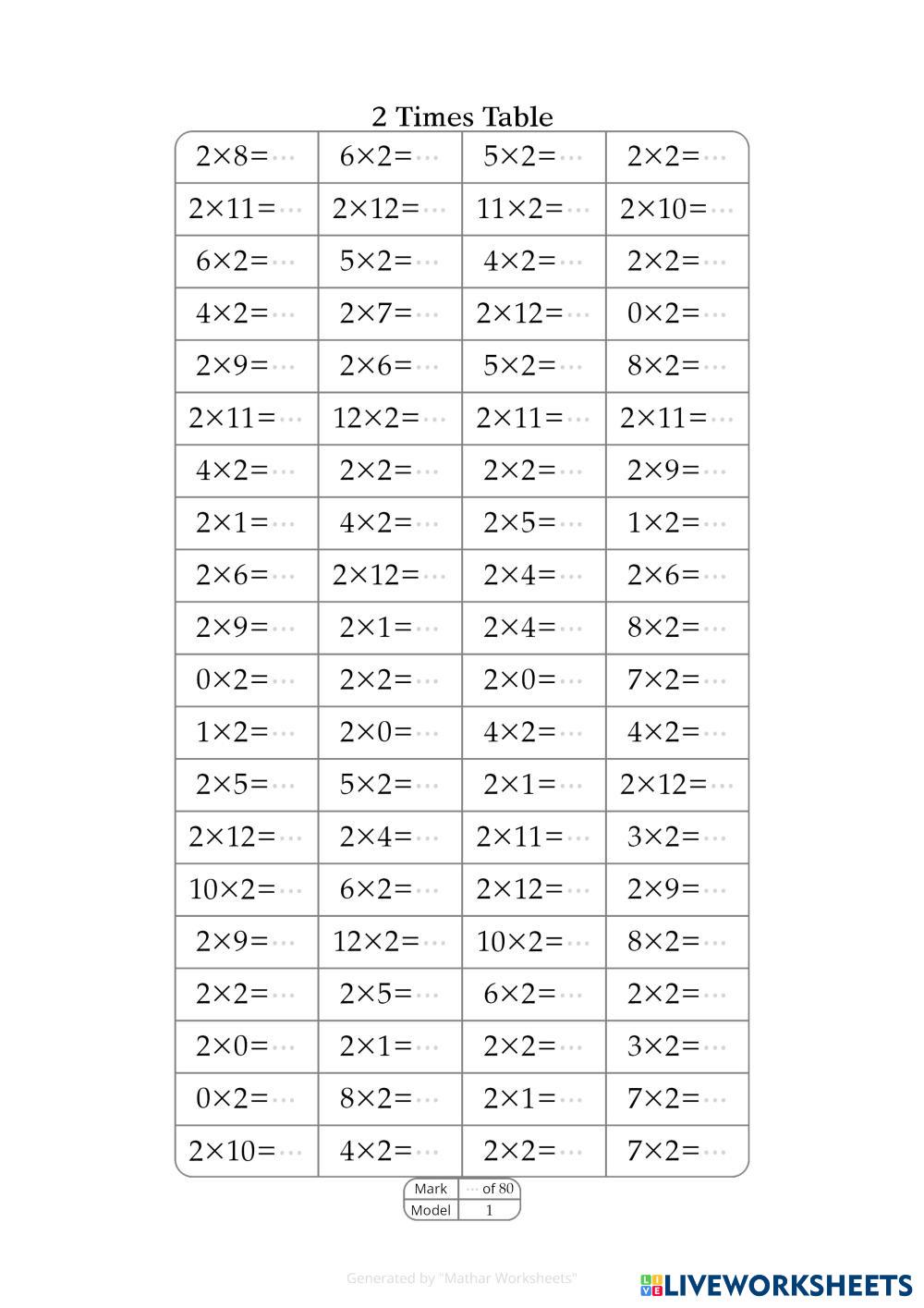 2 table 1 Live Worksheets