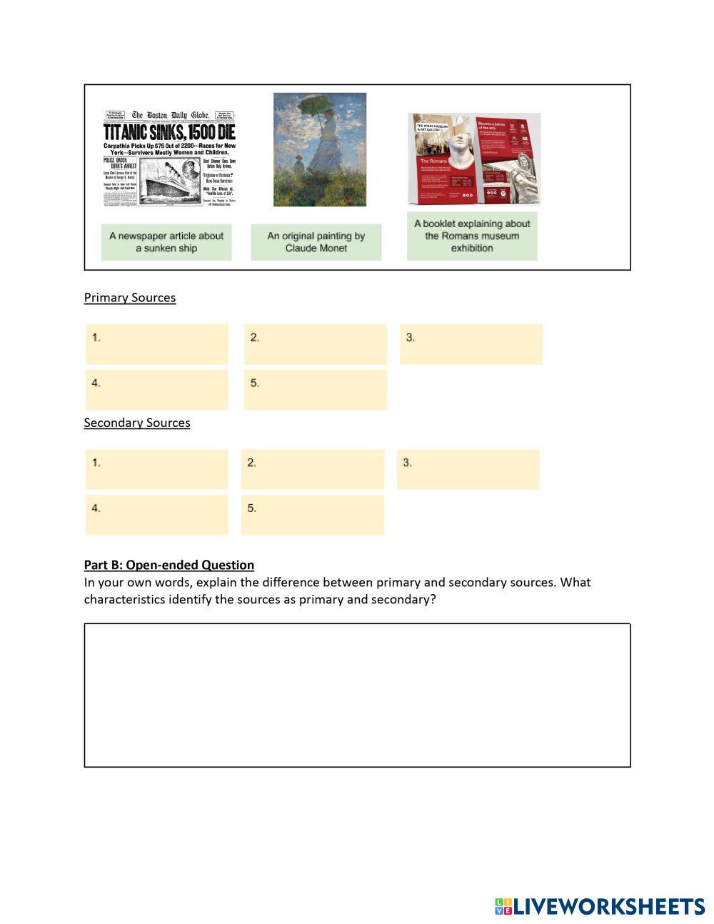 Sorting Primary and Secondary Sources Live Worksheets