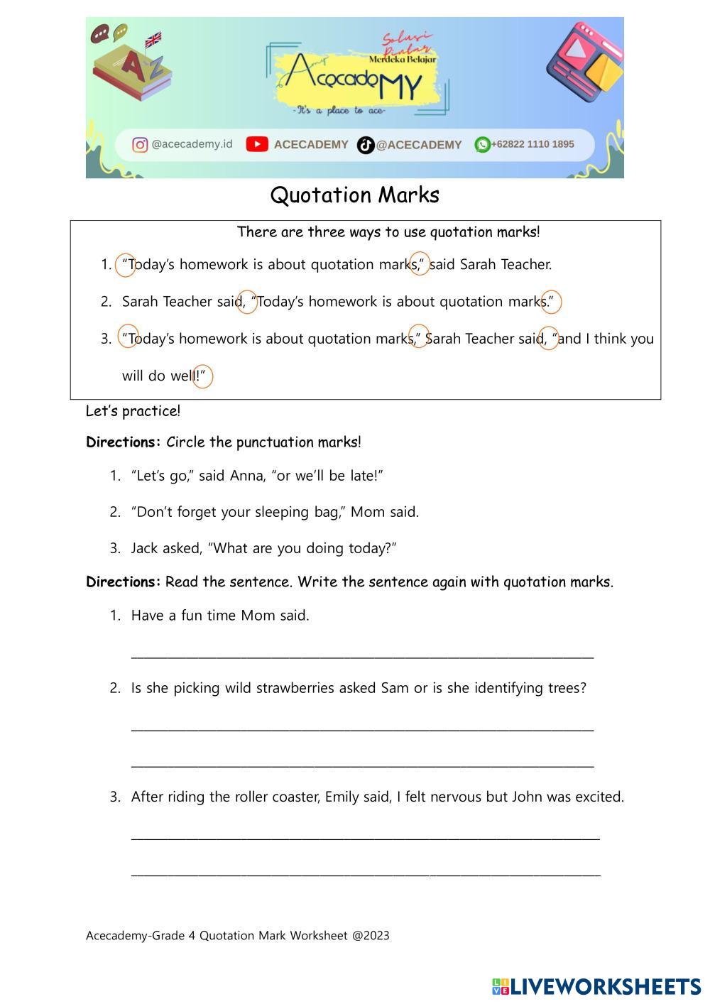 speech marks worksheet for class 4