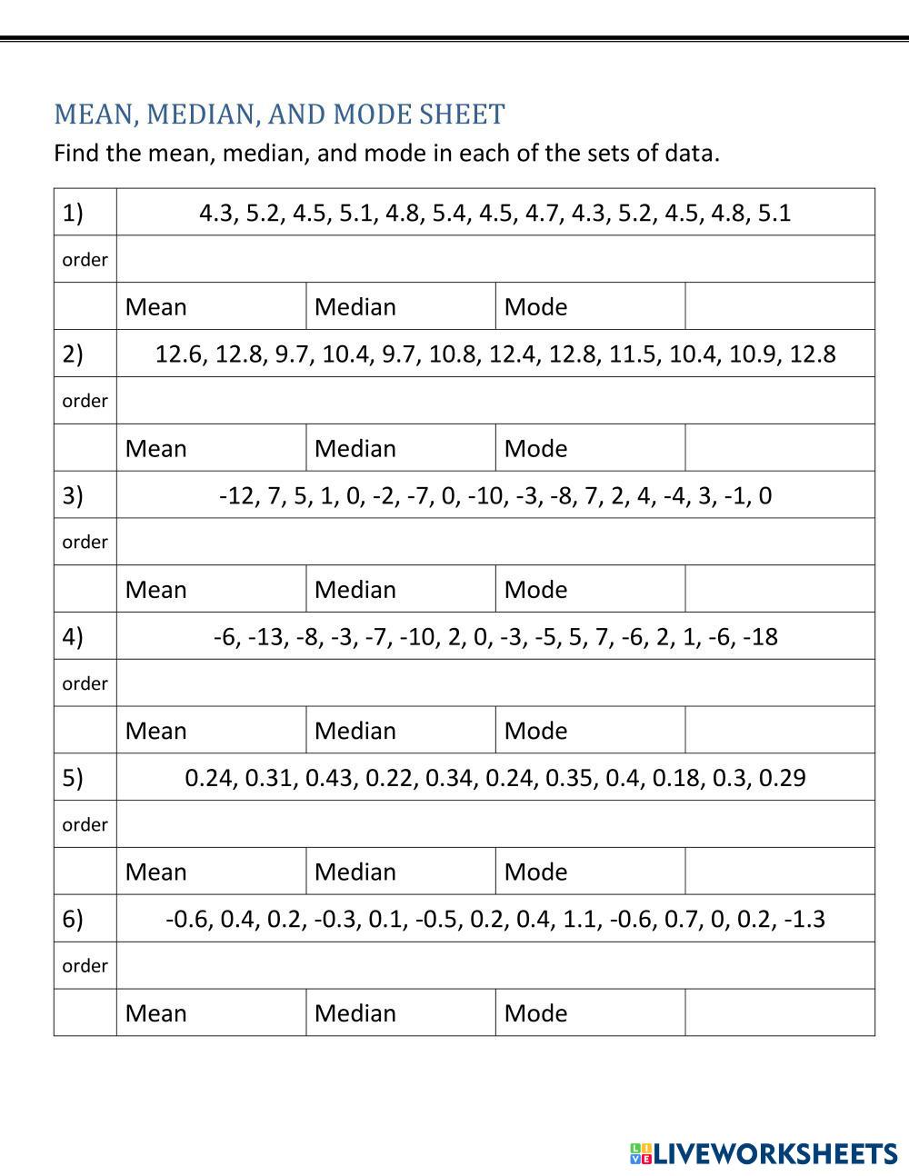 Mean, Median, Mode, Range, Quartiles | Live Worksheets