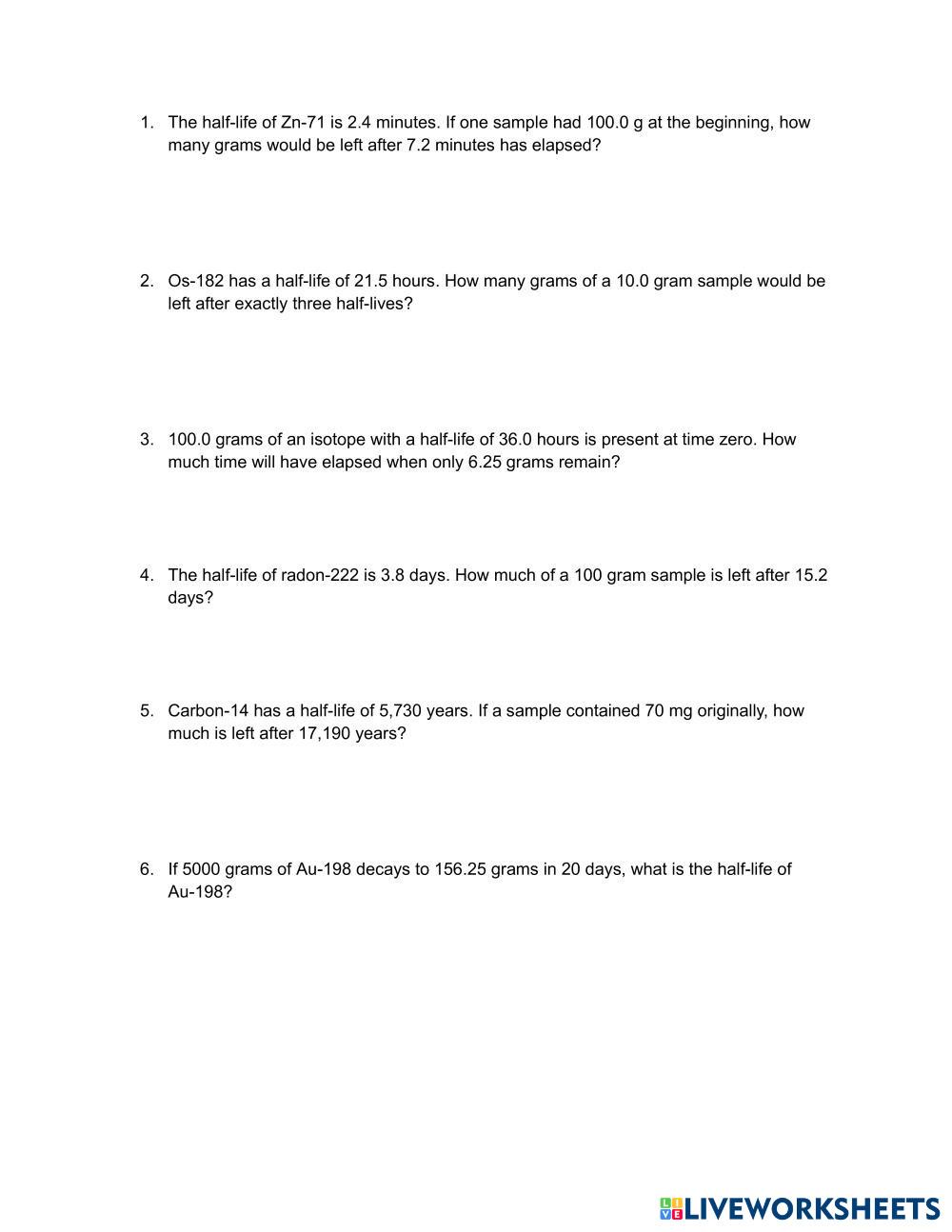 Half Life practice problems worksheet | Live Worksheets Half Life practice problems worksheet | Live Worksheets