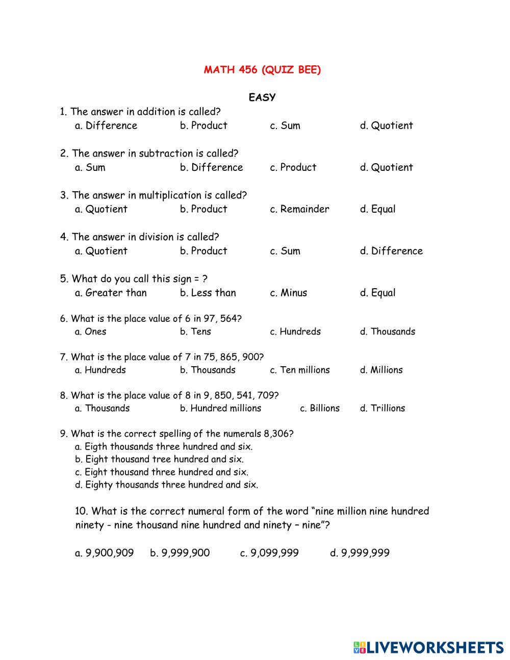 TIE BREAKER QUESTIONS MATH QUIZ BEE