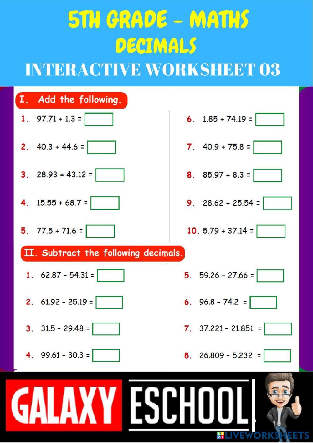 5th-maths-ps03- decimals- ch 07-Galaxy | Live Worksheets
