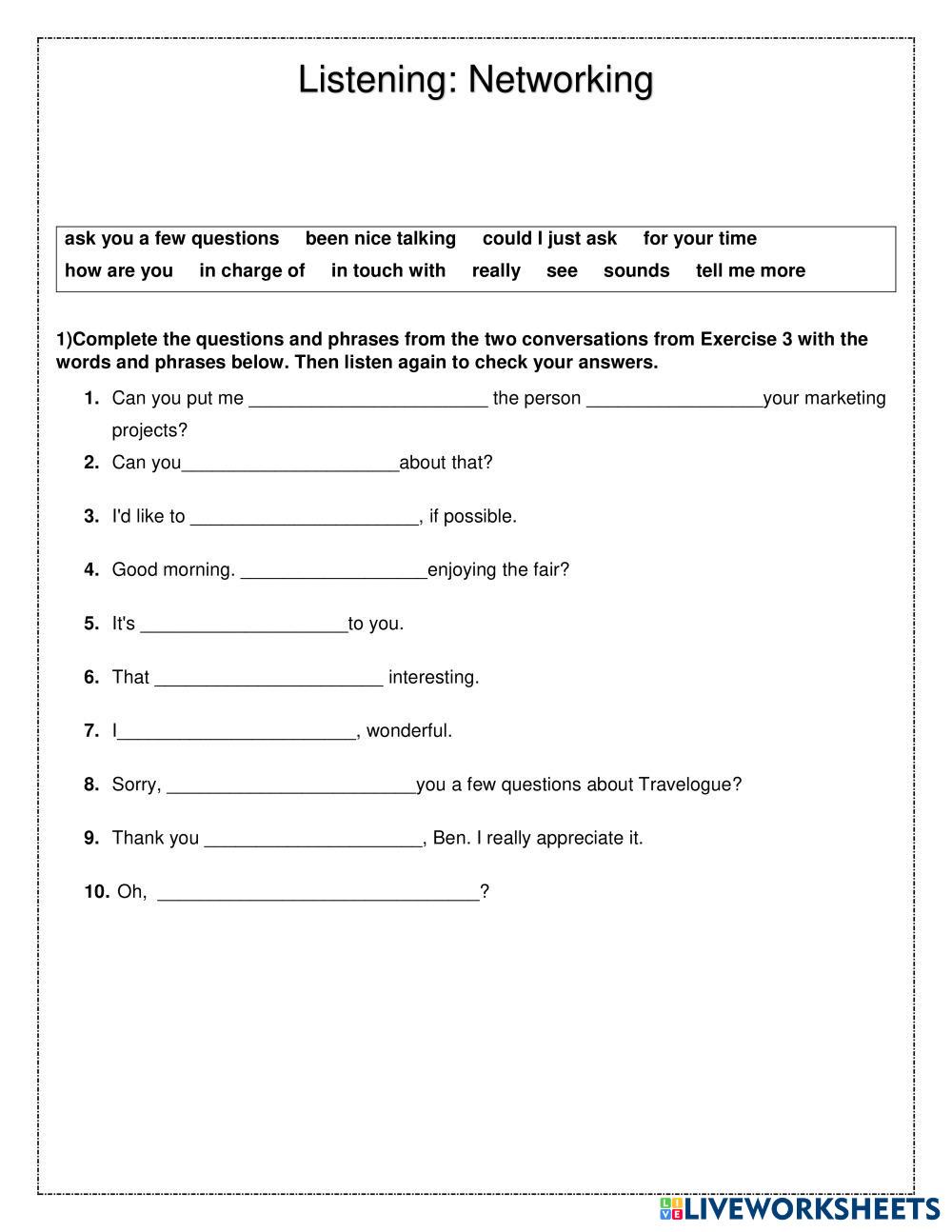 Listening Networking Live Worksheets