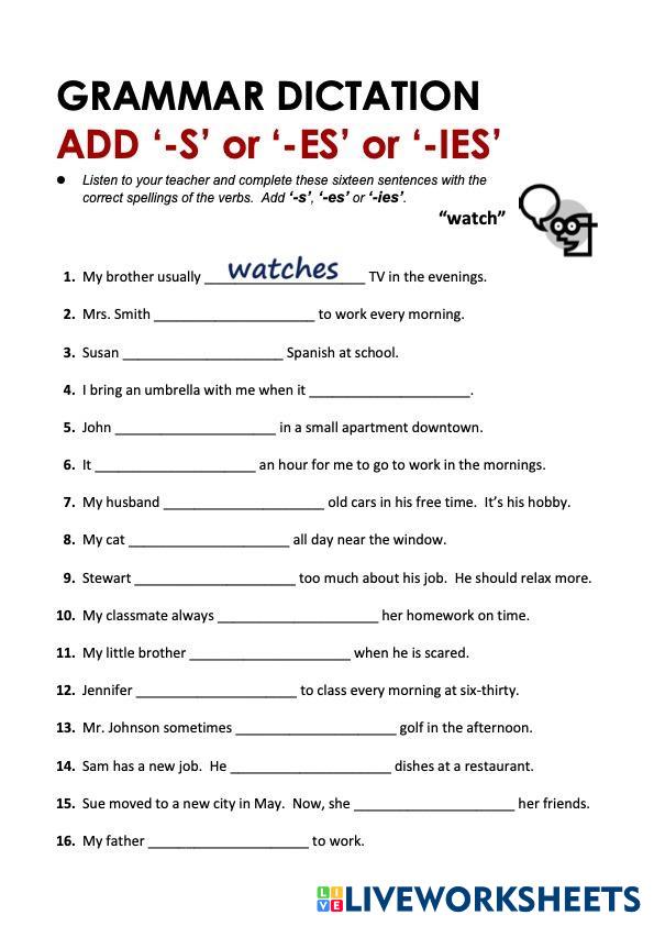 Grammer dictation add s es or ies liveworksheets