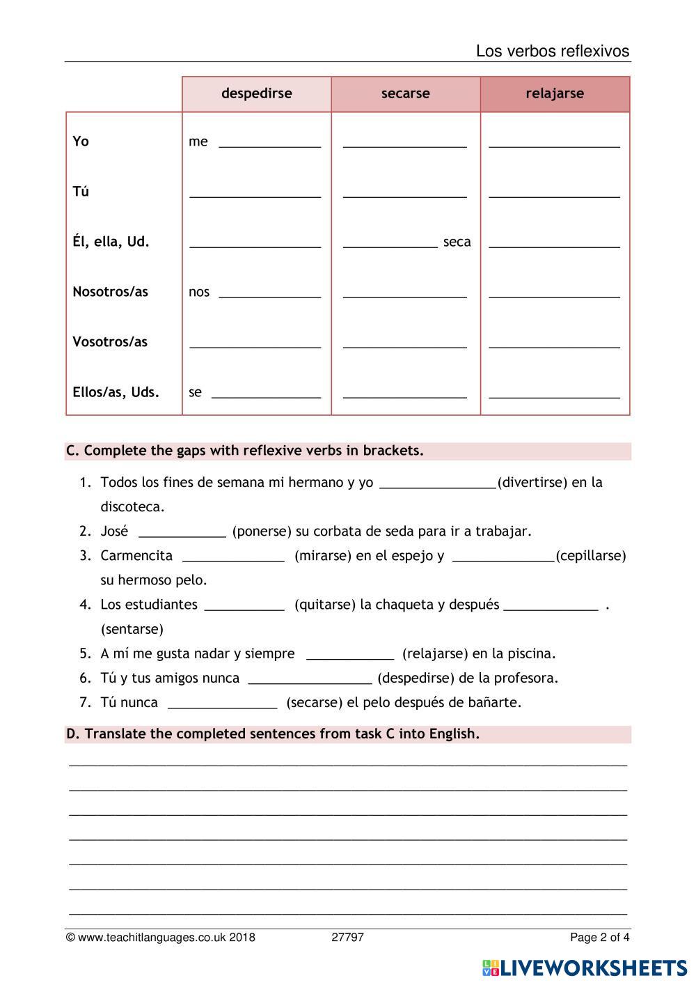 reflexive verbs Free Interactive Worksheets 7151430
