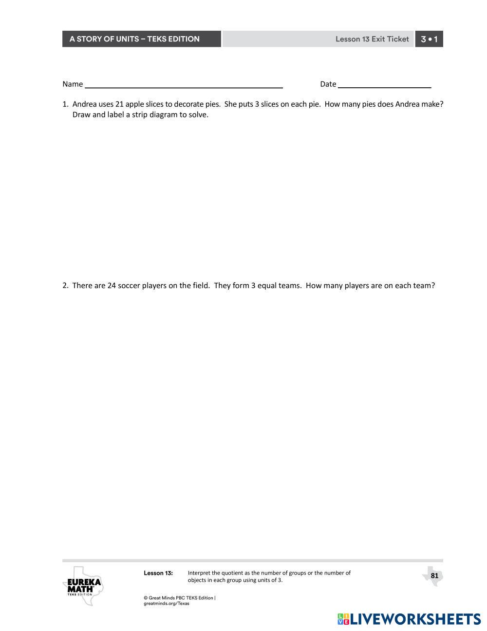 Eureka Grade 3 Module 1 Lesson 13 7151794 | Lynnae