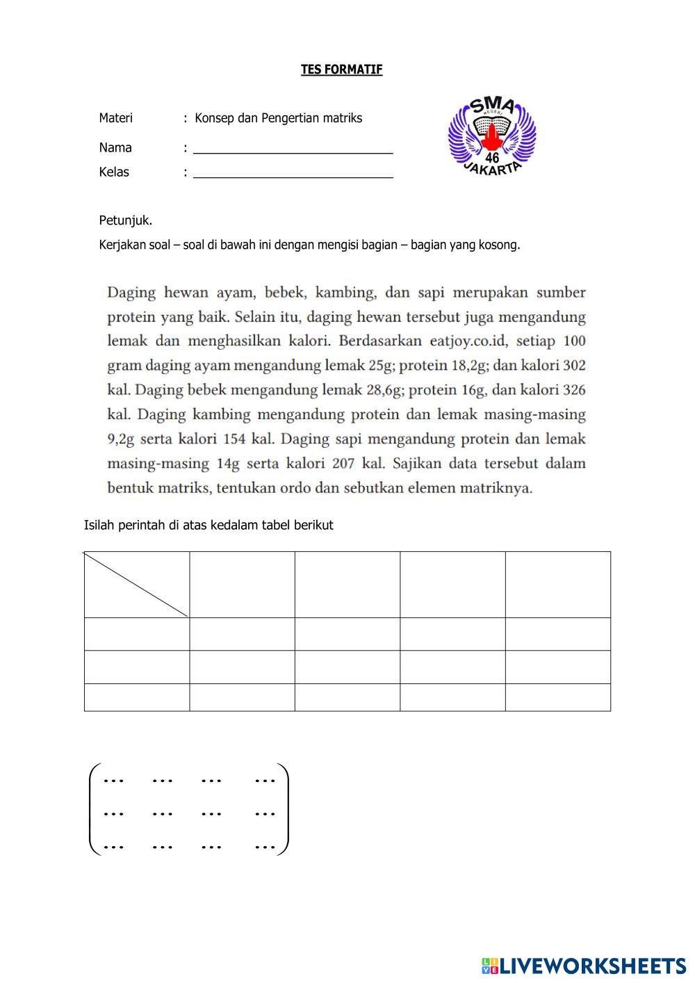 PENGENALAN KONSEP MATRIKS | Live Worksheets