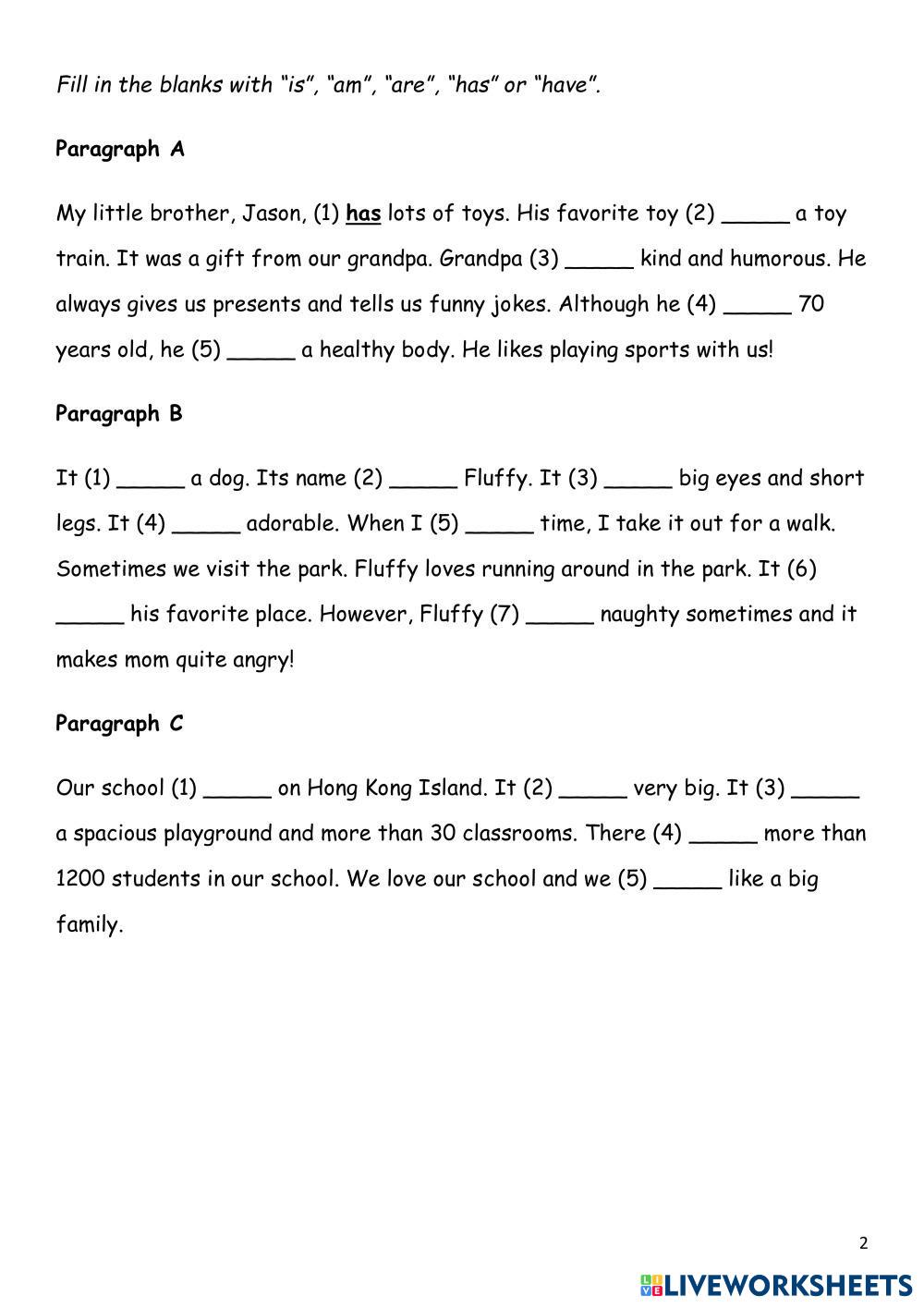 Be verb or have has live worksheets