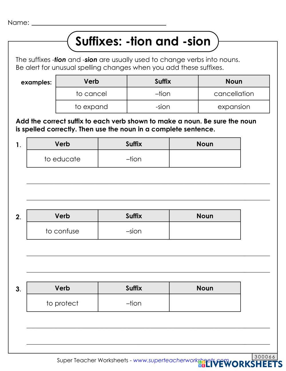  stage 6 adding tion or sion live worksheets
