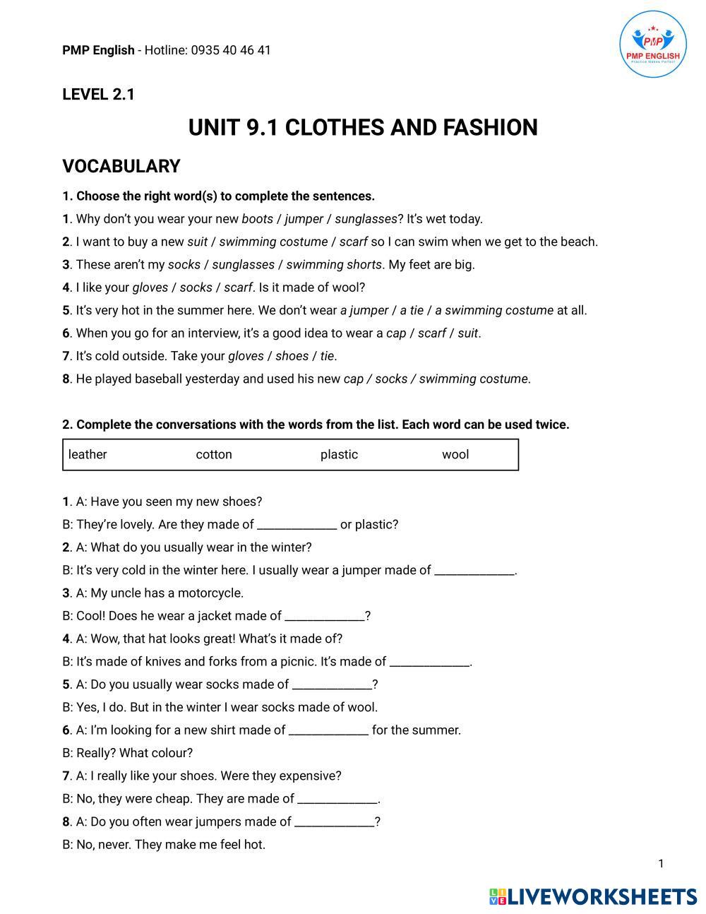 UNIT 9.1 CLOTHES AND FASHION | Live Worksheets