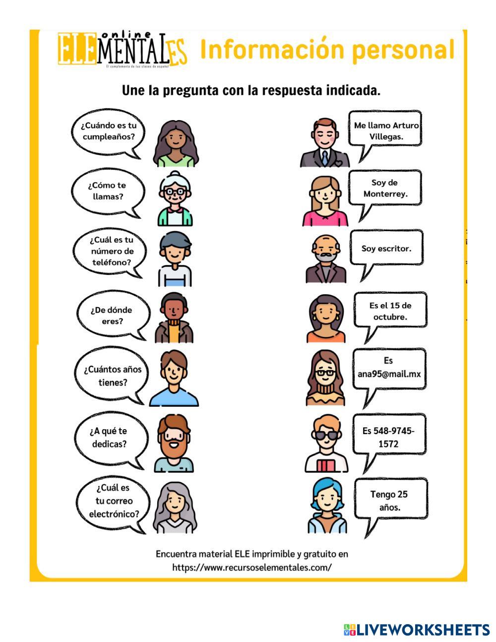 INFORMACIÓN PERSONAL | Live Worksheets