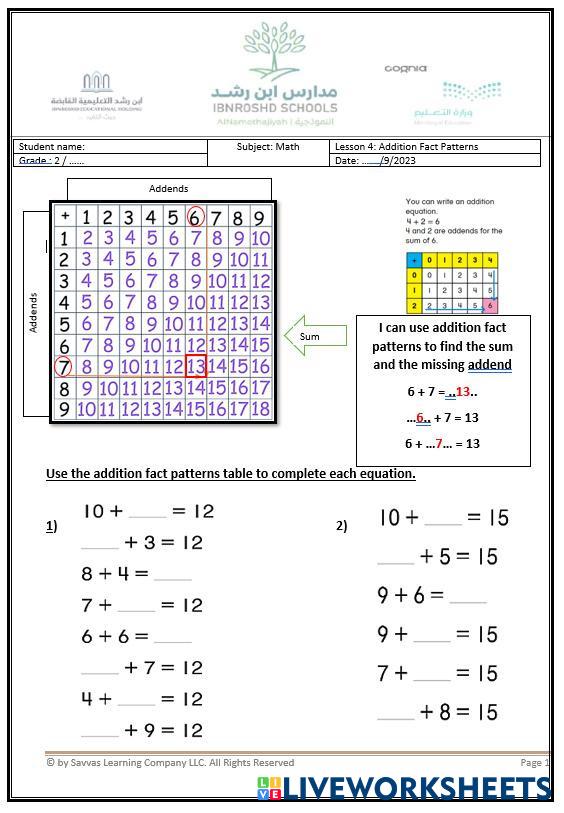 L4: Addition Fact Patterns | Live Worksheets