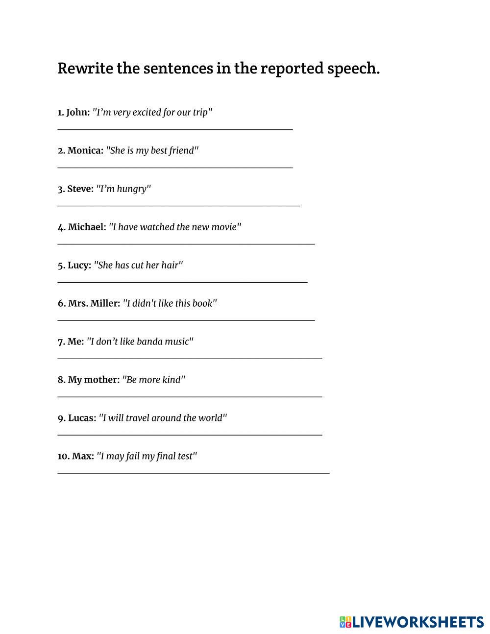 reported speech questions live worksheet reported speech questions live worksheet