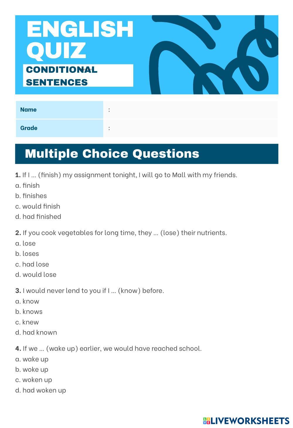 English Quiz (Conditional Sentences) 7185016 | SMAS