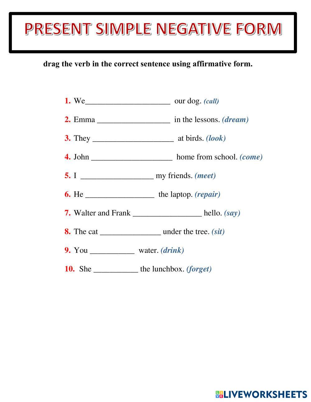 Affirmative form present simple | Live Worksheets