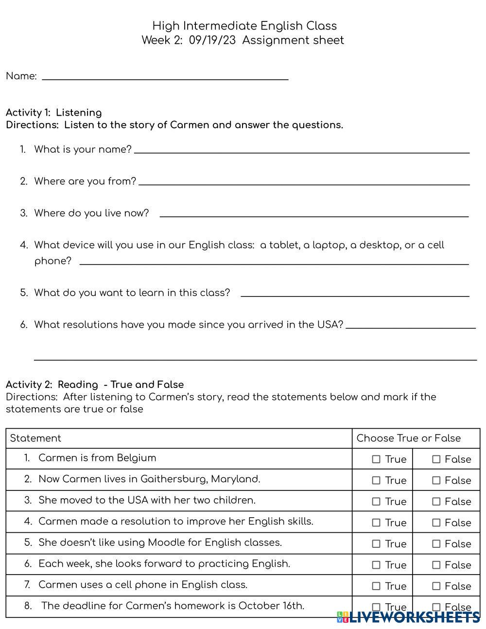 High intermediate ESL worksheets