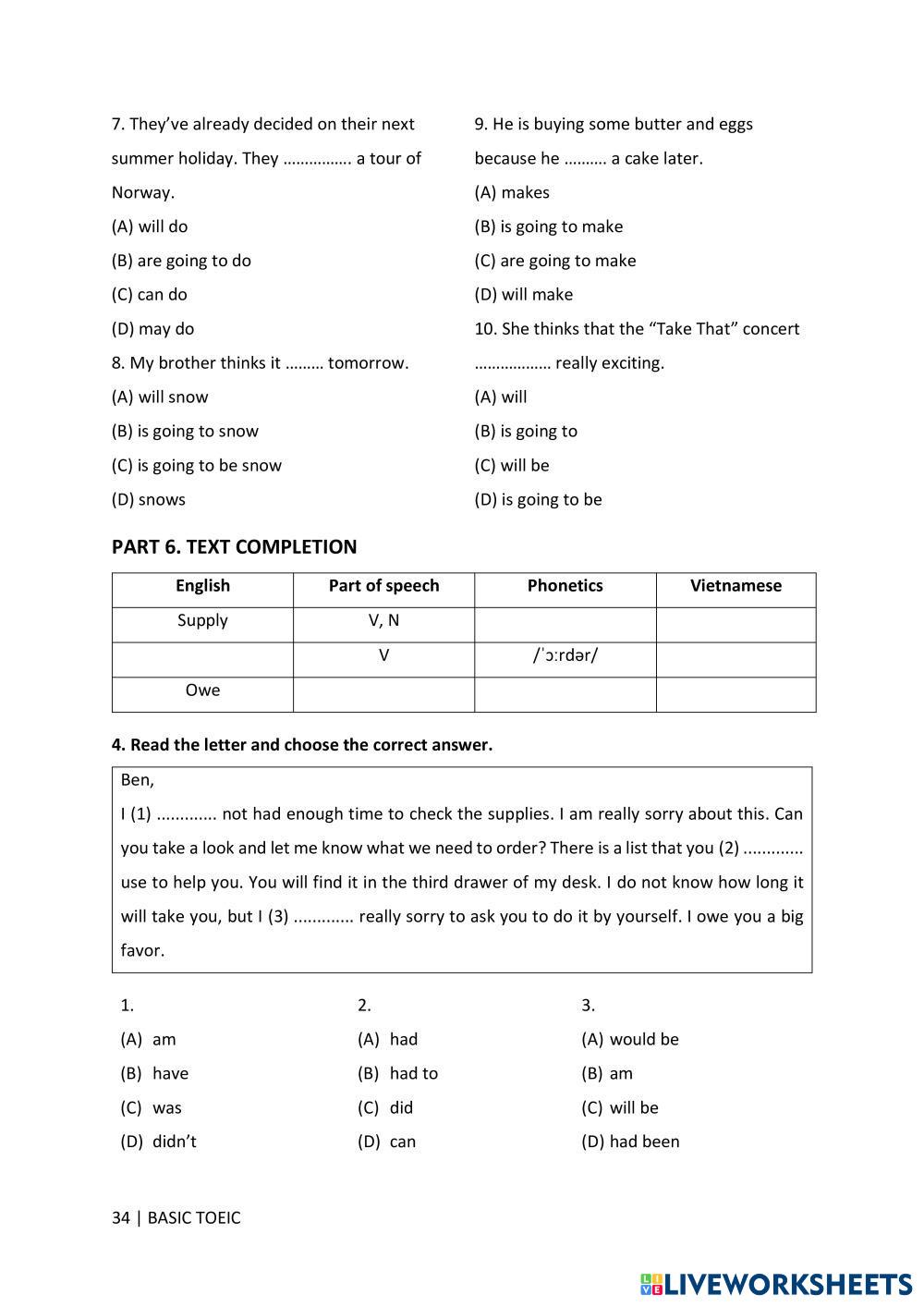 UNIT 3 FUTURE SIMPLE BE GOING TO Live Worksheets