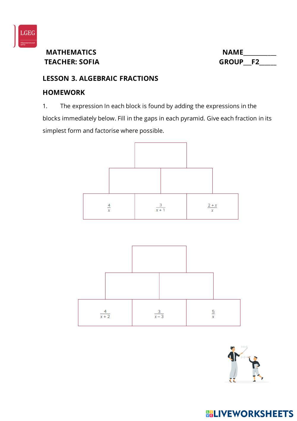 Algebraic fractions Live Worksheets