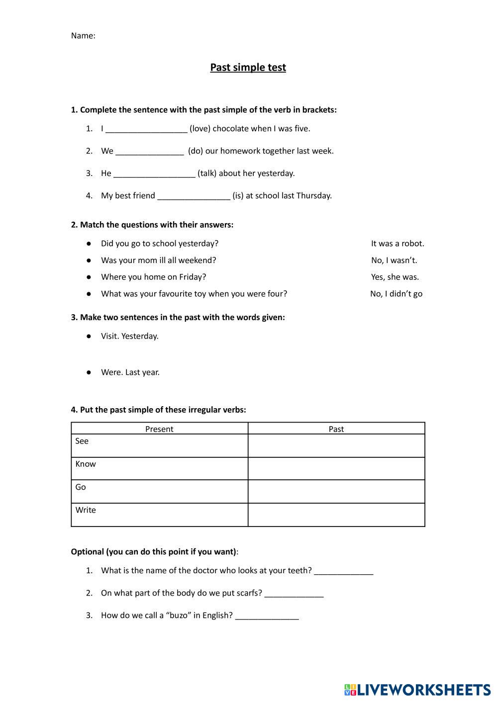 Past Simple Test Klasa 5 Past simple test | Live Worksheets