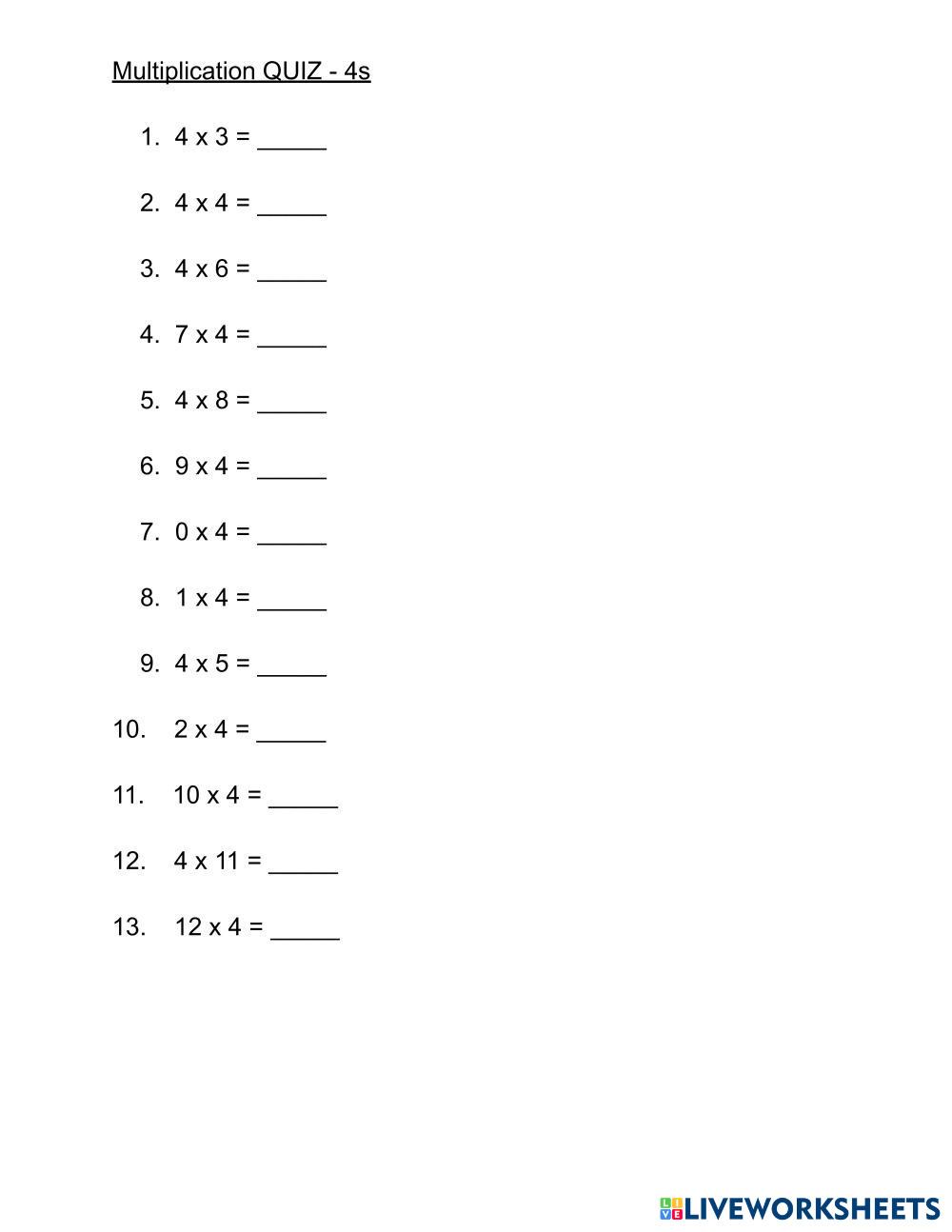 Multiplication Quiz 4s Live Worksheets