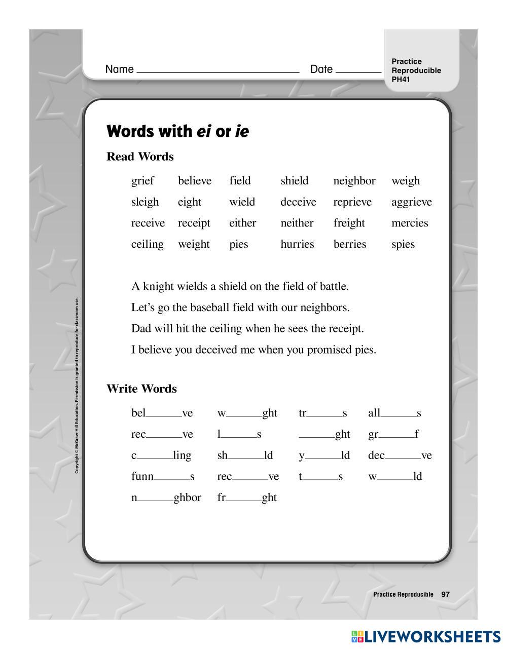 Phonics lesson 41 words with ei or ie live worksheets