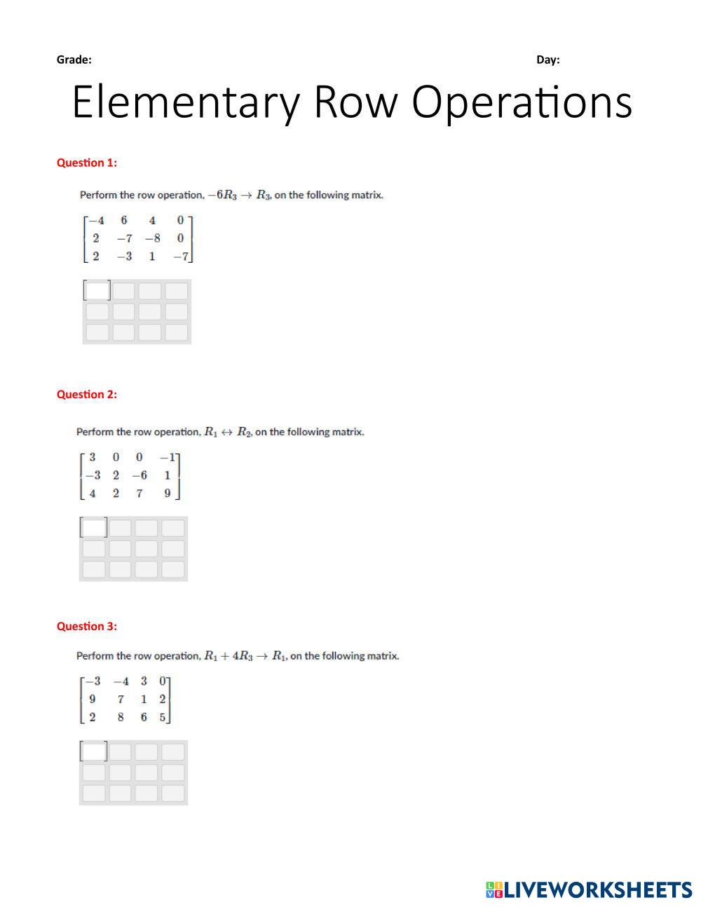 Elementary row operations | Live Worksheets