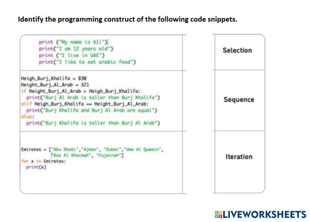activity 11 programming constructs | Live Worksheets