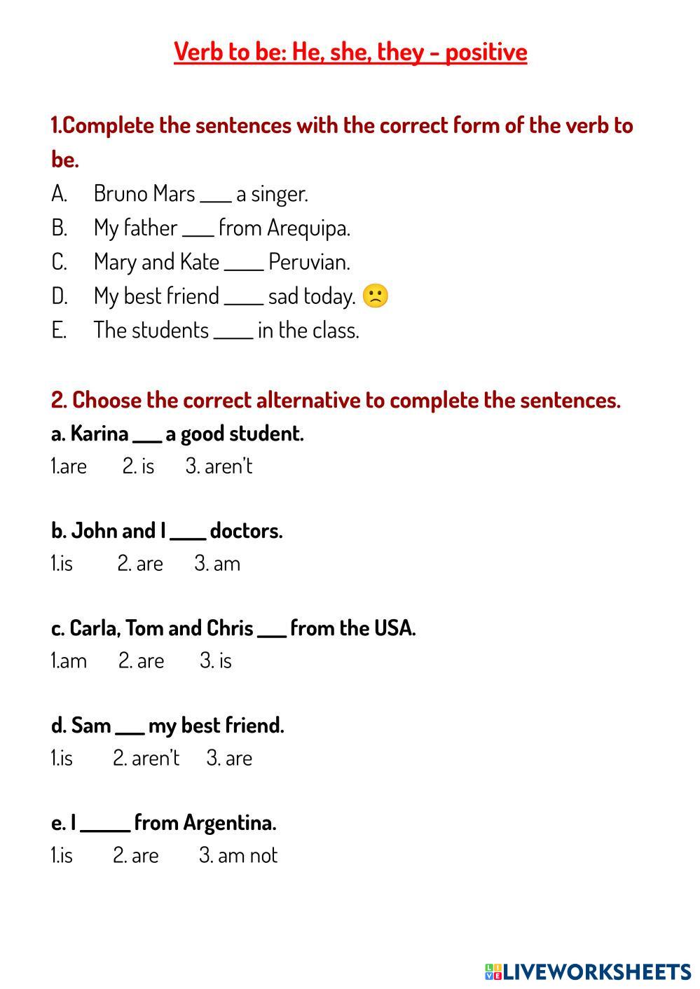 VERB TO BE - HE… | Free Interactive Worksheets | 7508123