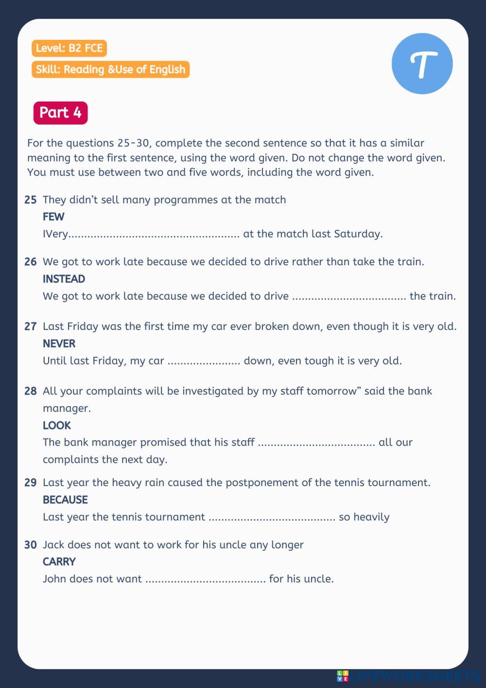 FCE Reading & Use of English Part 4 | Live Worksheets