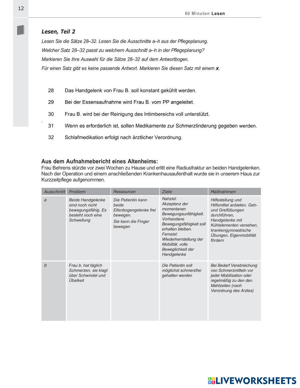 Linie 1 Pflege B2 Lösungen Pdf Leseverstehen Teil 2 Pflege B1/B2 7523317 | Olga Pfeiff