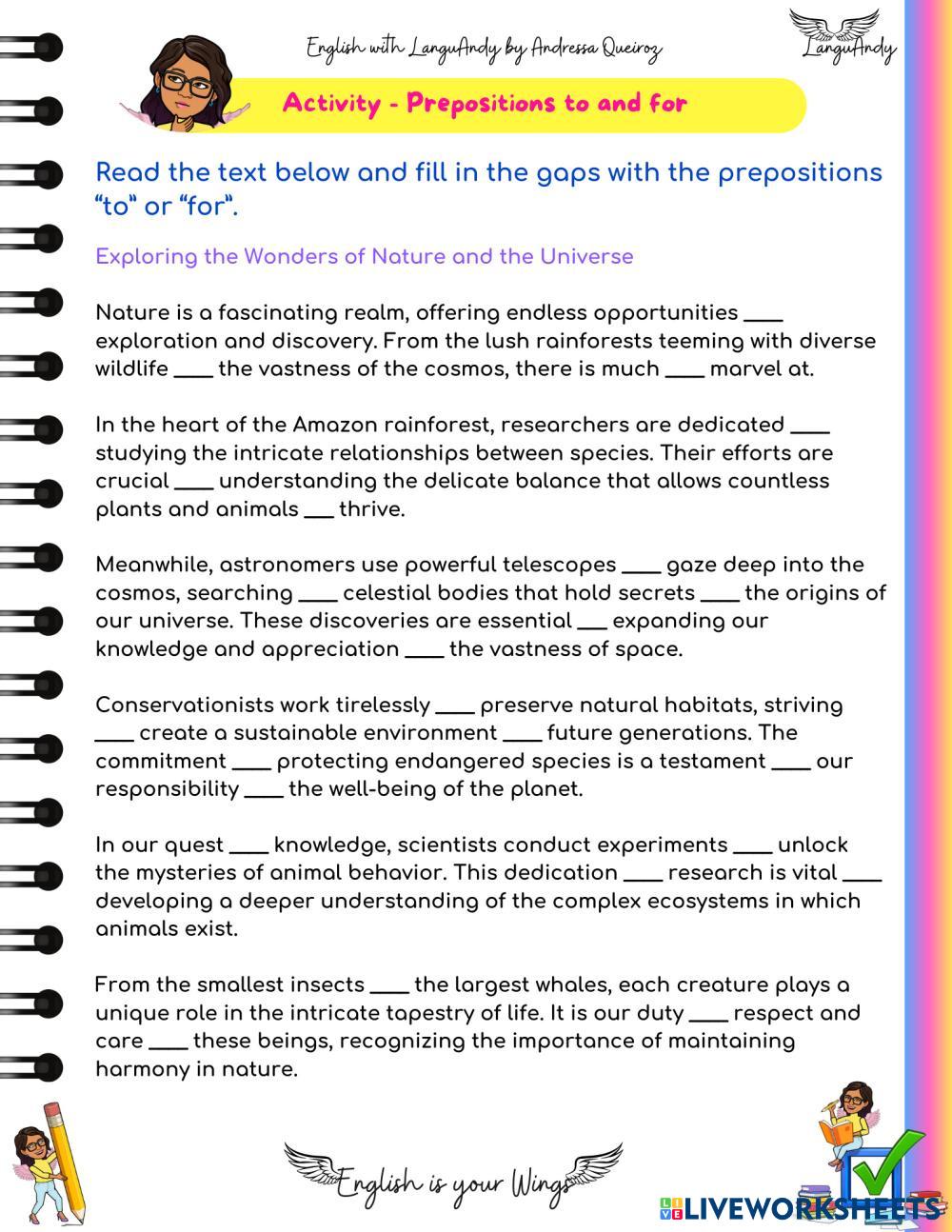 Prepositions To And For Worksheet