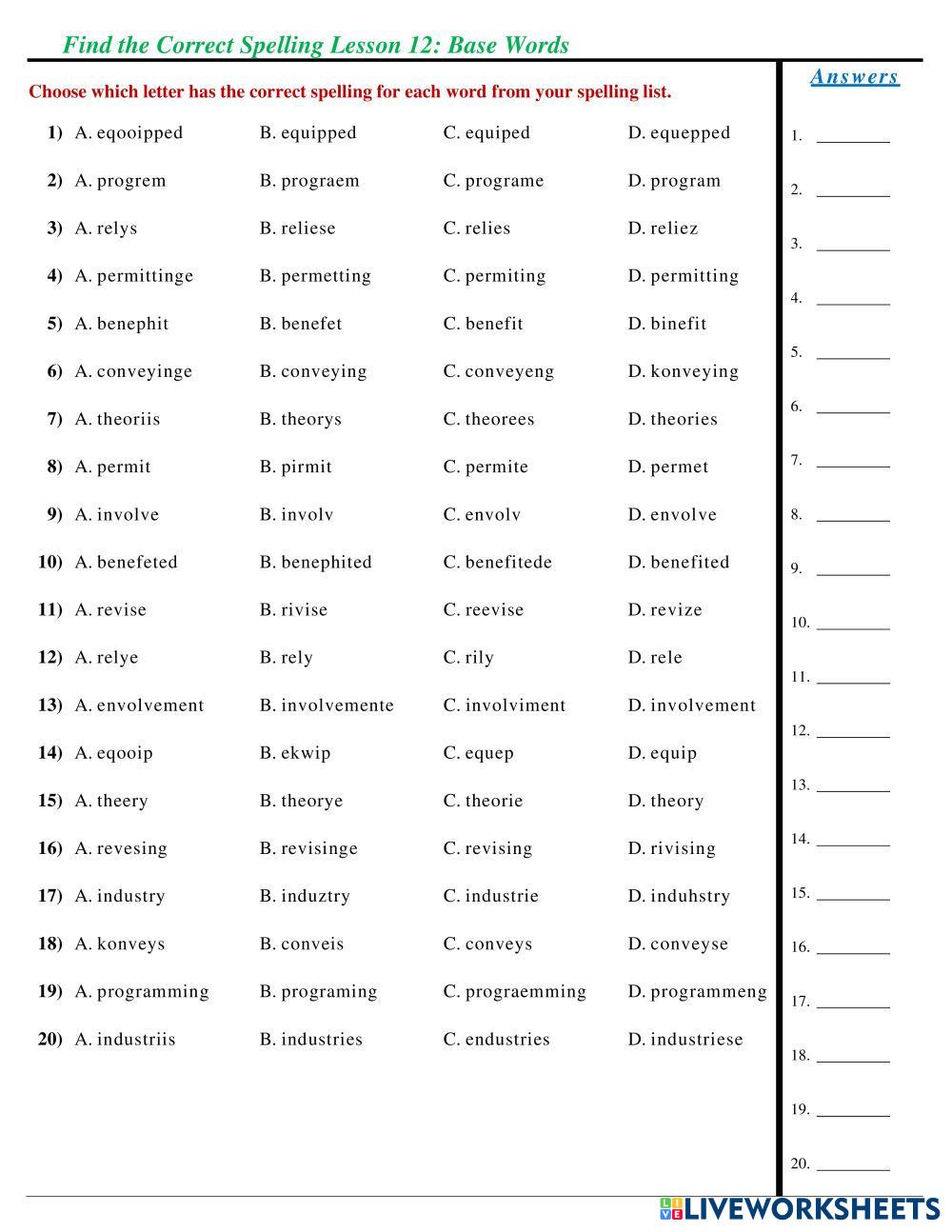 Lesson 12 Find Correct Spelling Live Worksheets