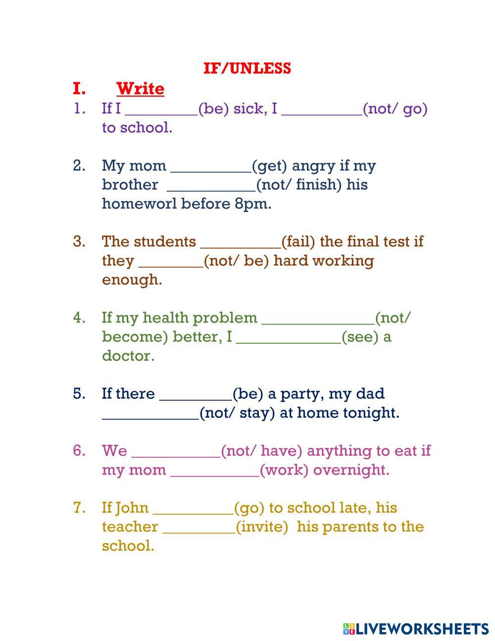 IF UNLESS | Free Interactive Worksheets | 7977720