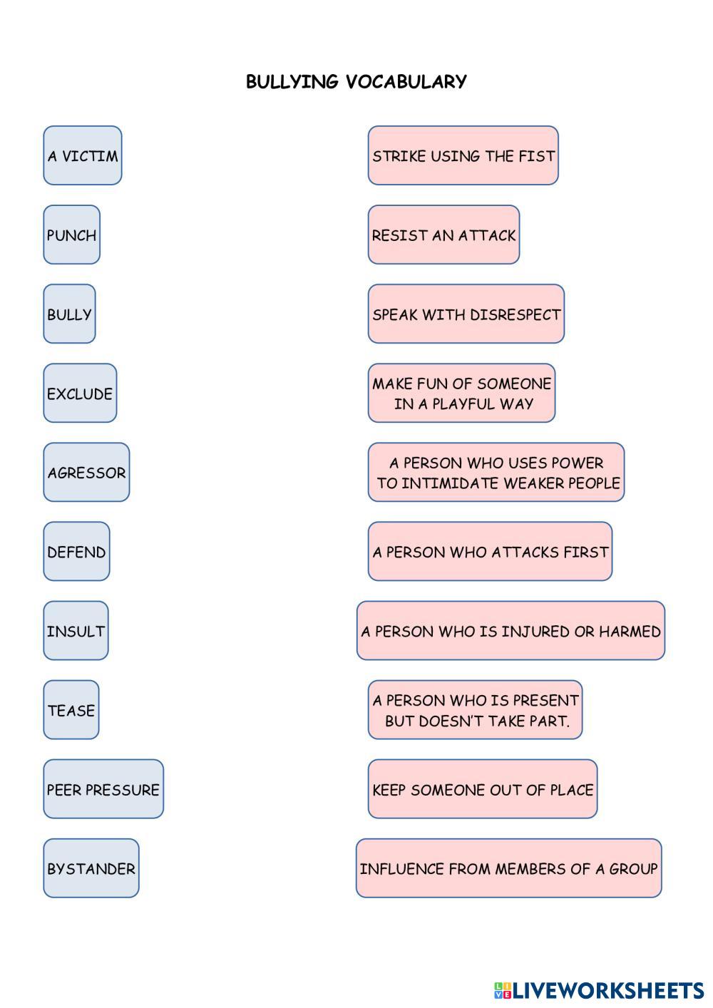 Bullying vocabulary | Live Worksheets