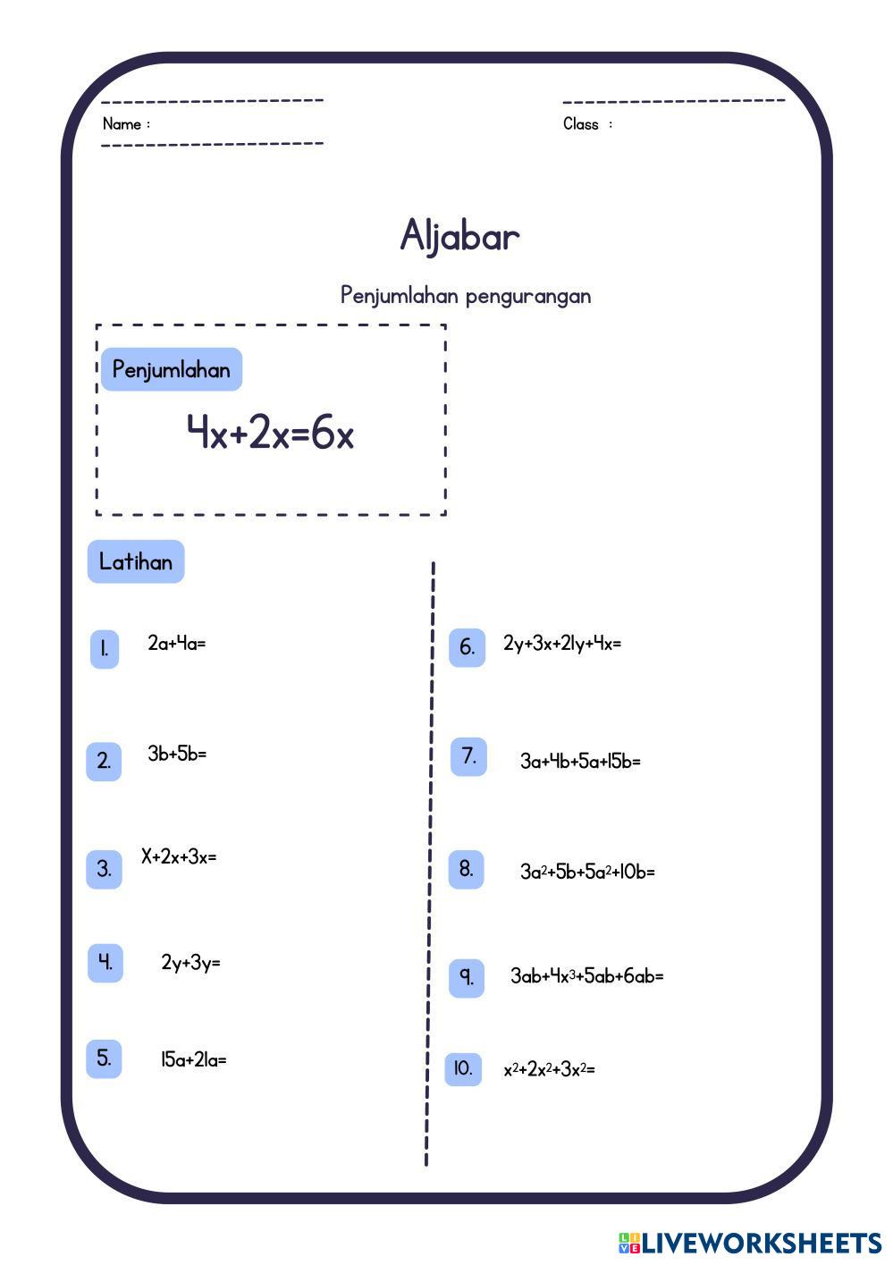 Aljabar | Live Worksheets