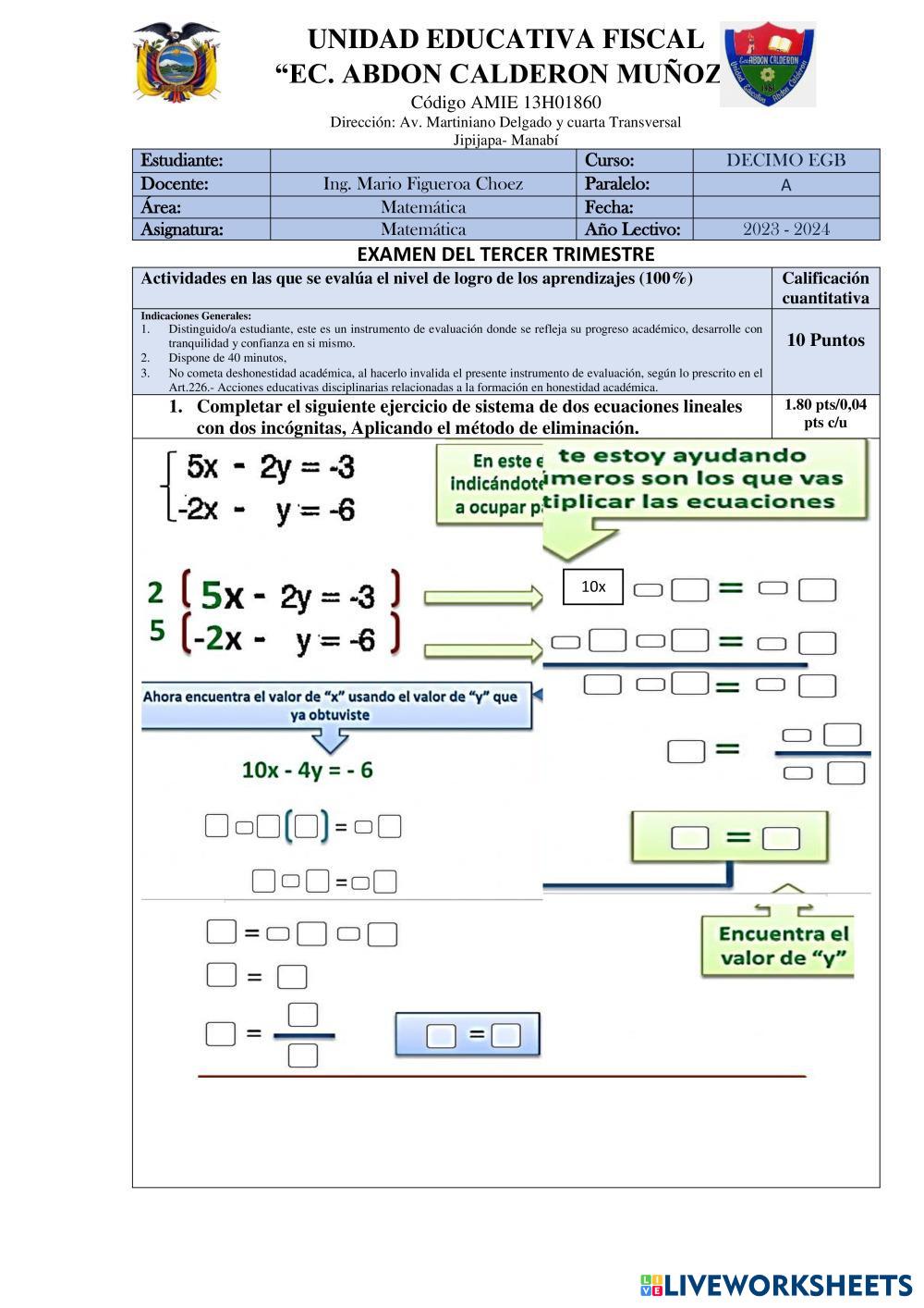 EXAMEN DE DECIMO | Free Interactive Worksheets | 7551524