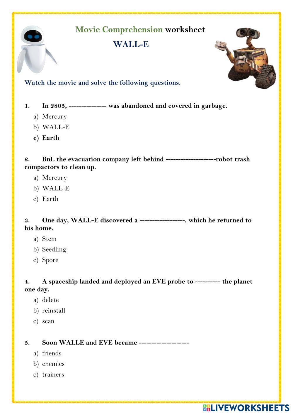 WALLE Movie Comprehension worksheet Live Worksheets