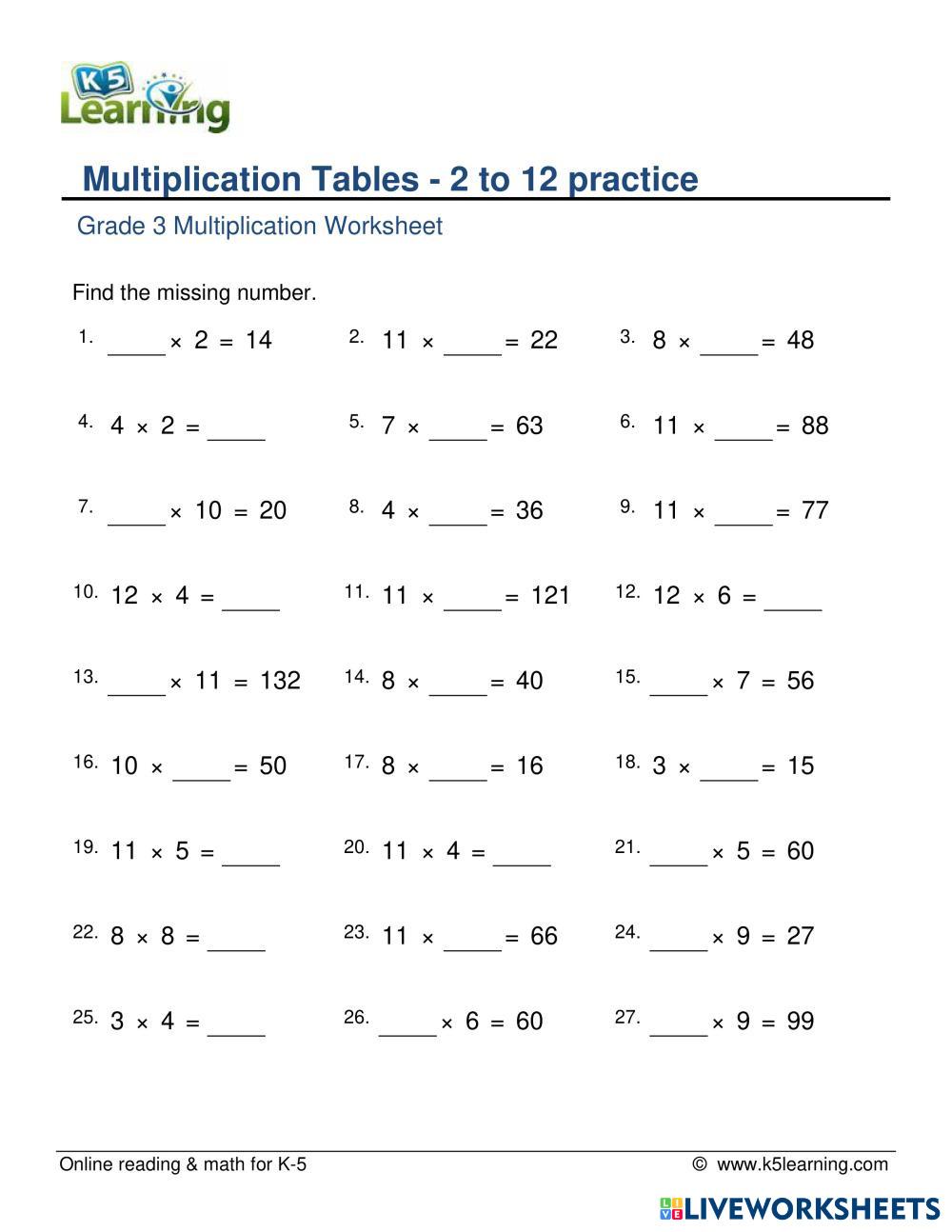 MUltiplication Tables Live Worksheets