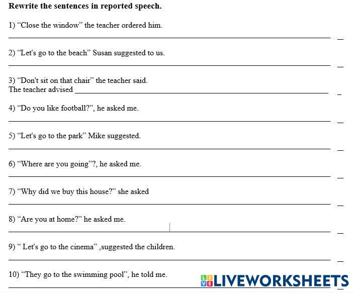 reported speech worksheet for class 9