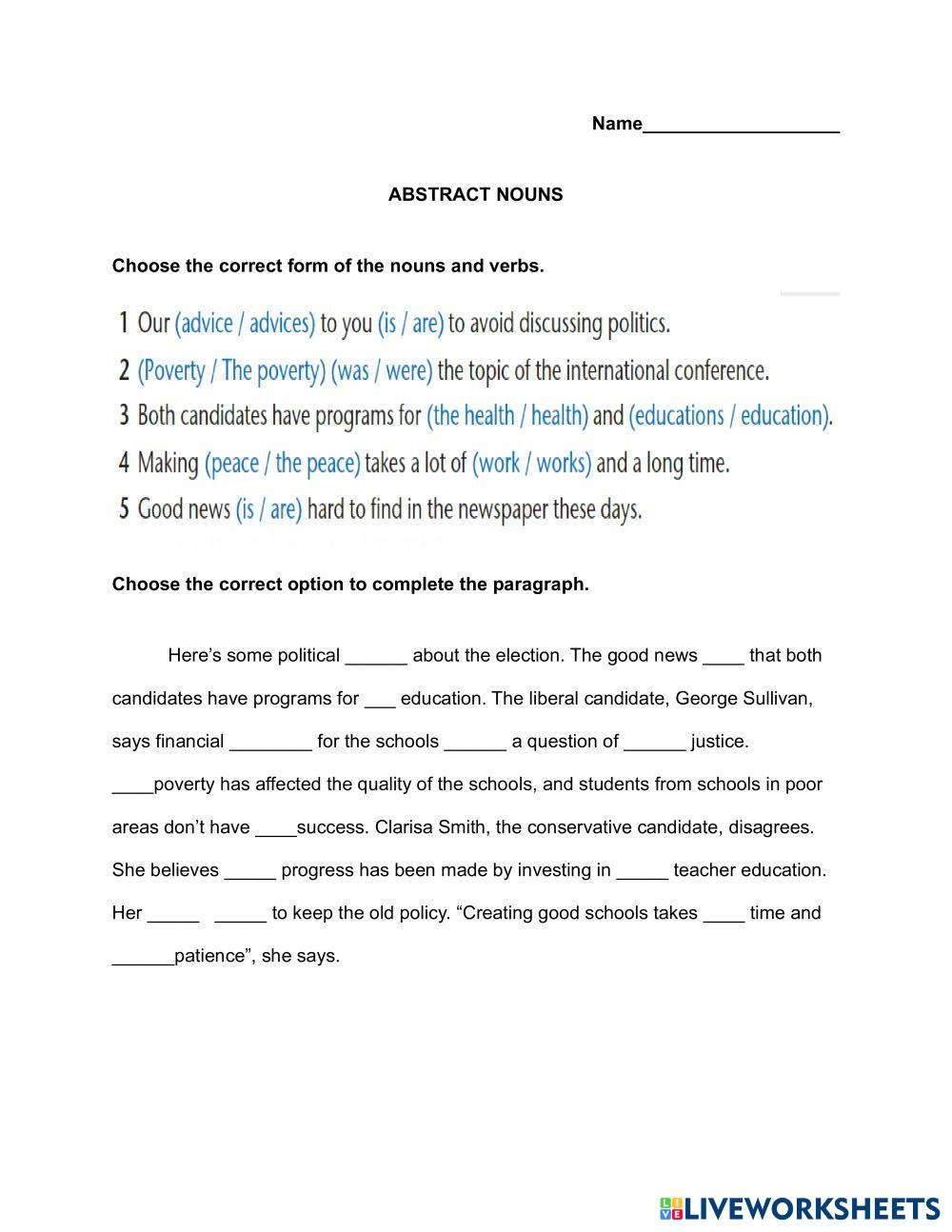 Abstract nouns Live Worksheets