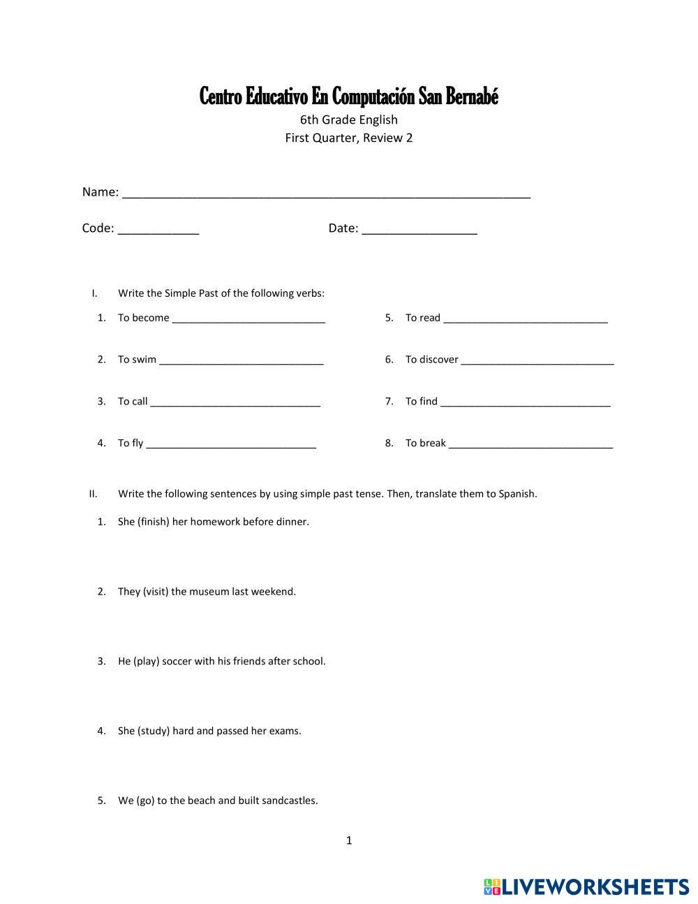 spanish worksheet for 6th grade