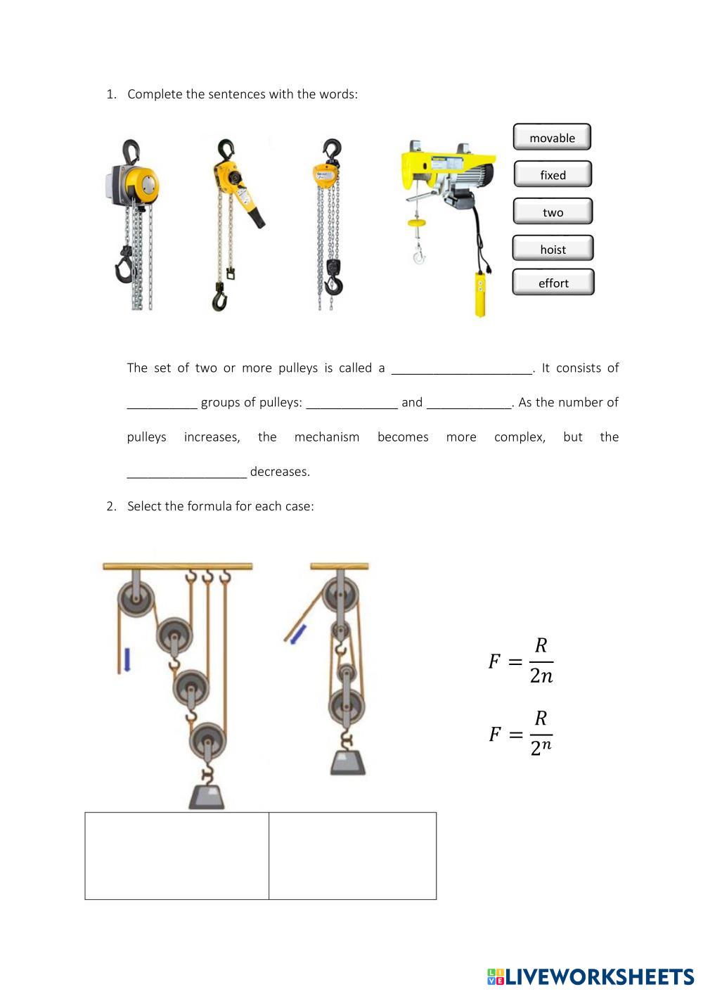 Pulleys system Live Worksheets