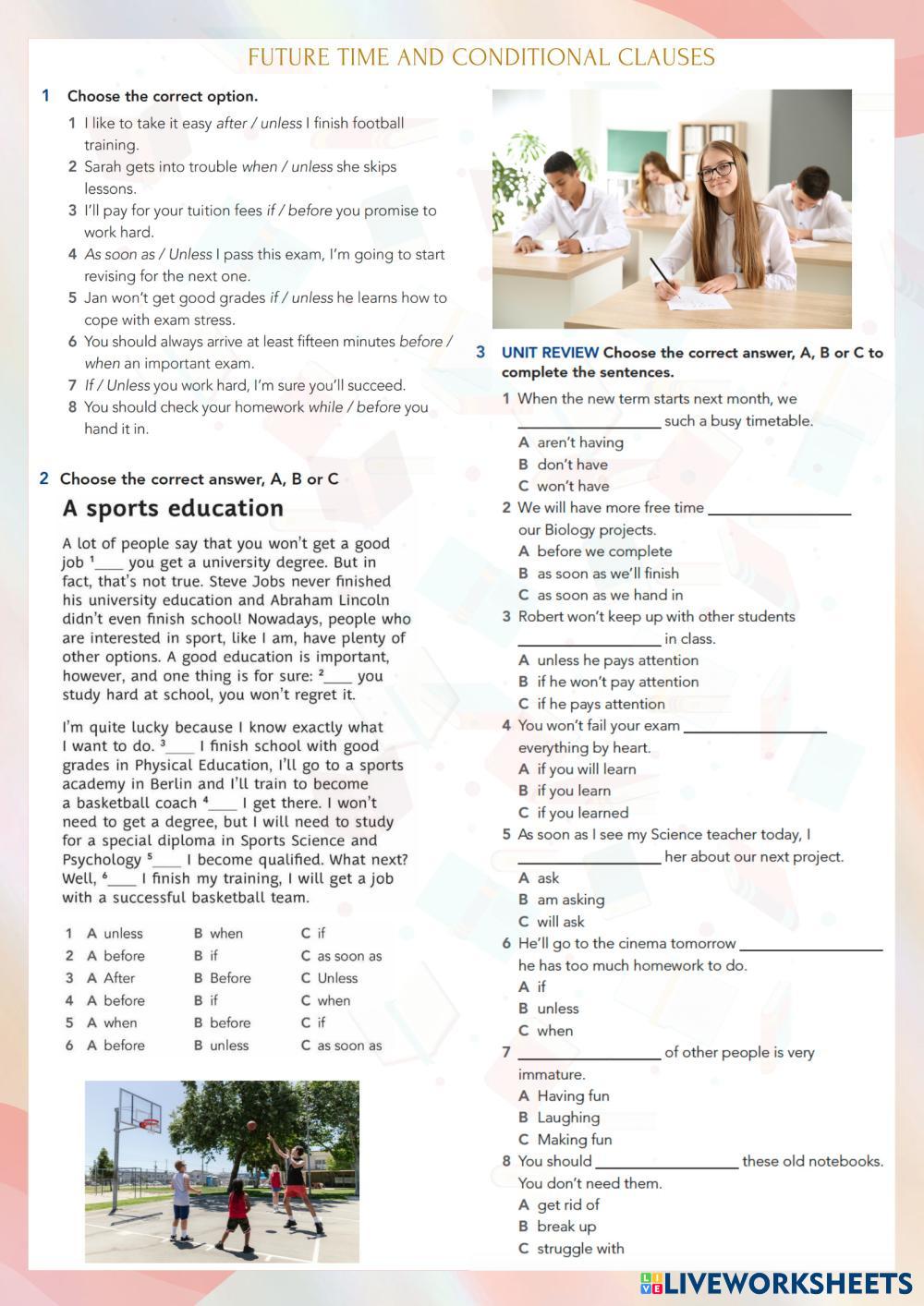 Future time and conditional clauses live worksheets