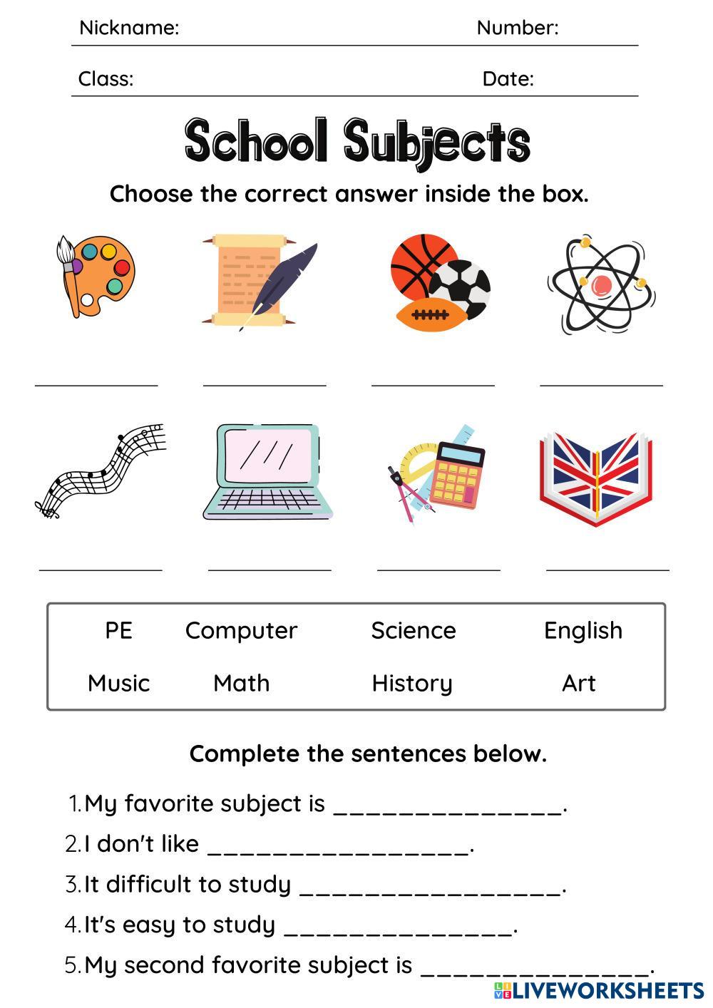 School subjects worksheet G.3 7641471 | พิชชานันท์