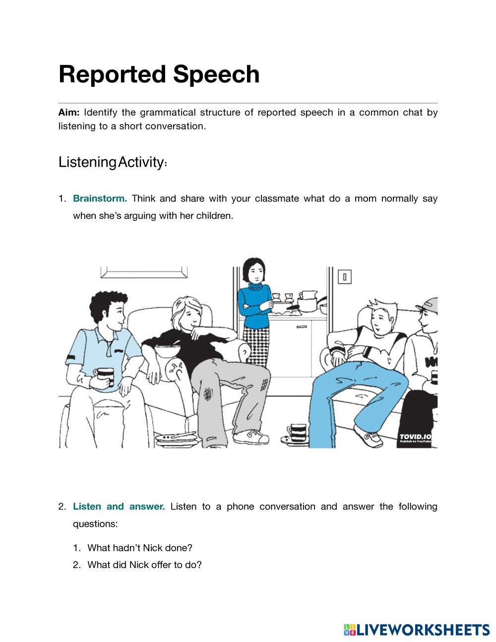 reported speech live worksheet answers